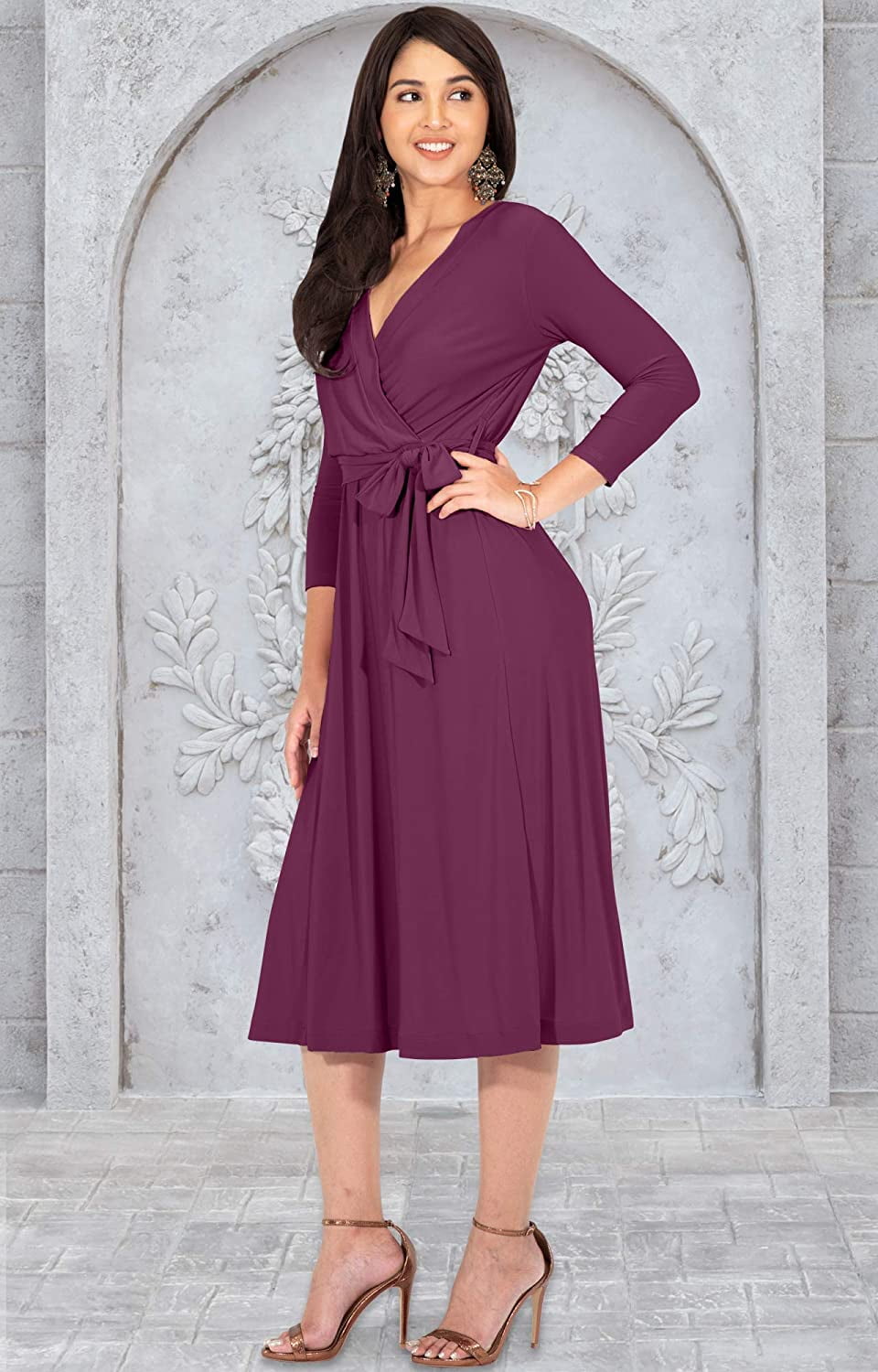 Womens V-Neck 3/4 Sleeve Semi Formal Wrap Flowy Knee Length Midi Dress |  Walmart Canada